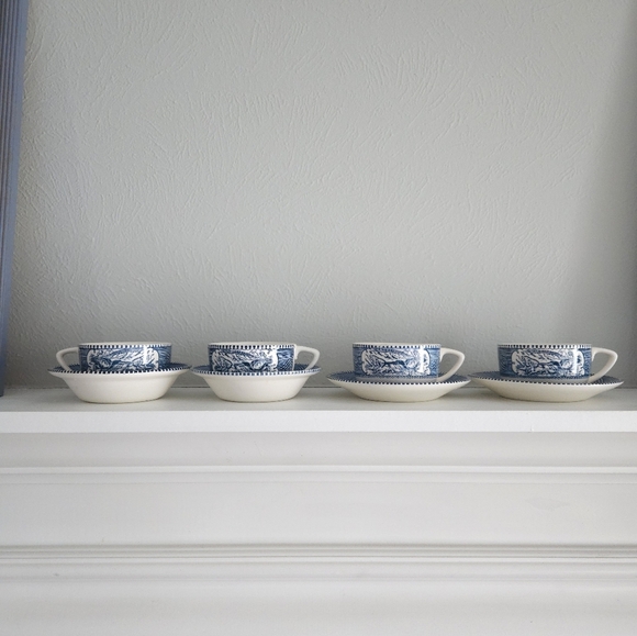 Vintage Set Of Currier & Ives Mugs And Saucers/Mini Bowls - Picture 2 of 16